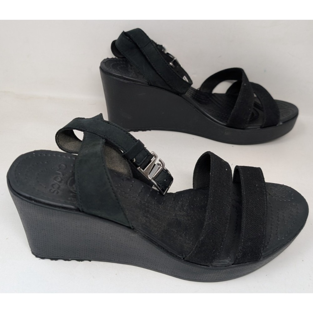 Crocs Leigh II Womens Size 10 Black Ankle Strap Wedge Pump Comfort Open Toe